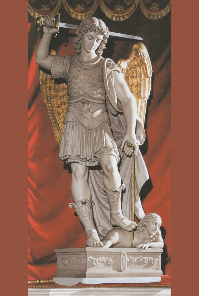 Claro, posso te ajudar com isso. Aqui está uma descrição detalhada da imagem de São Miguel Arcanjo em inglês, com foco em elementos visuais e simbólicos:

**A detailed description of the image in English:**

The image depicts Saint Michael the Archangel, a prominent figure in Christian art. He is portrayed as a warrior angel, standing tall and imposing against a rich red backdrop. The statue is carved from white marble, lending it a sense of purity and strength.

* **Pose and Stance:** Saint Michael stands with his left foot firmly planted on a defeated serpent, symbolizing his triumph over evil. His right leg is slightly bent, and he holds a sword aloft in his right hand. This pose conveys both power and authority.
* **Attire:** The Archangel is dressed in a classic armor, consisting of a breastplate, a short skirt, and greaves. His armor is adorned with intricate details, suggesting his divine status. Over the armor, he wears a flowing cloak, which adds a sense of movement and dynamism to the statue.
* **Facial Features:** Saint Michael's face is serene and determined, reflecting his role as a protector. His eyes are wide open, and his gaze is fixed on the defeated serpent. His hair is long and curly, often a characteristic feature of angelic depictions.
* **Wings:** The angel's wings are large and feathered, extending out from his back. They are often depicted as golden or white, symbolizing purity and divine power. In this particular image, the wings are detailed with intricate patterns, adding to the overall sense of grandeur.
* **Symbolism:** The serpent beneath Saint Michael's feet represents Satan, the embodiment of evil. By trampling on the serpent, the Archangel demonstrates his victory over sin and darkness. The sword he holds is a symbol of divine justice and his role as a warrior for God.

**Overall Impression:**
The statue of Saint Michael the Archangel is a powerful and evocative work of art. The artist has successfully captured the Archangel's streng