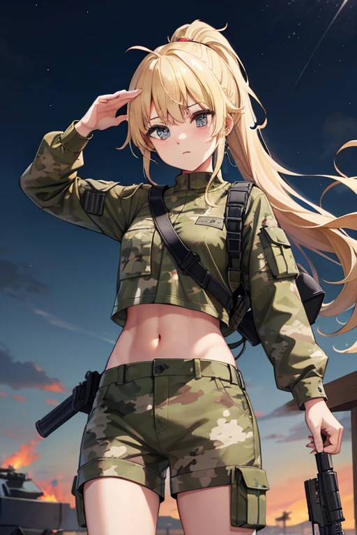Outdoor、nightのmilitary base、(midnight:1.5), beautiful girl、(Blonde:1.5)、ponytail、Belly-baring camouflage combat uniform、Crop tops、camouflage-patterned shorts、Thighs、Stick a knife in one of your legs、Hold the rifle with both hands、military base、fire、night