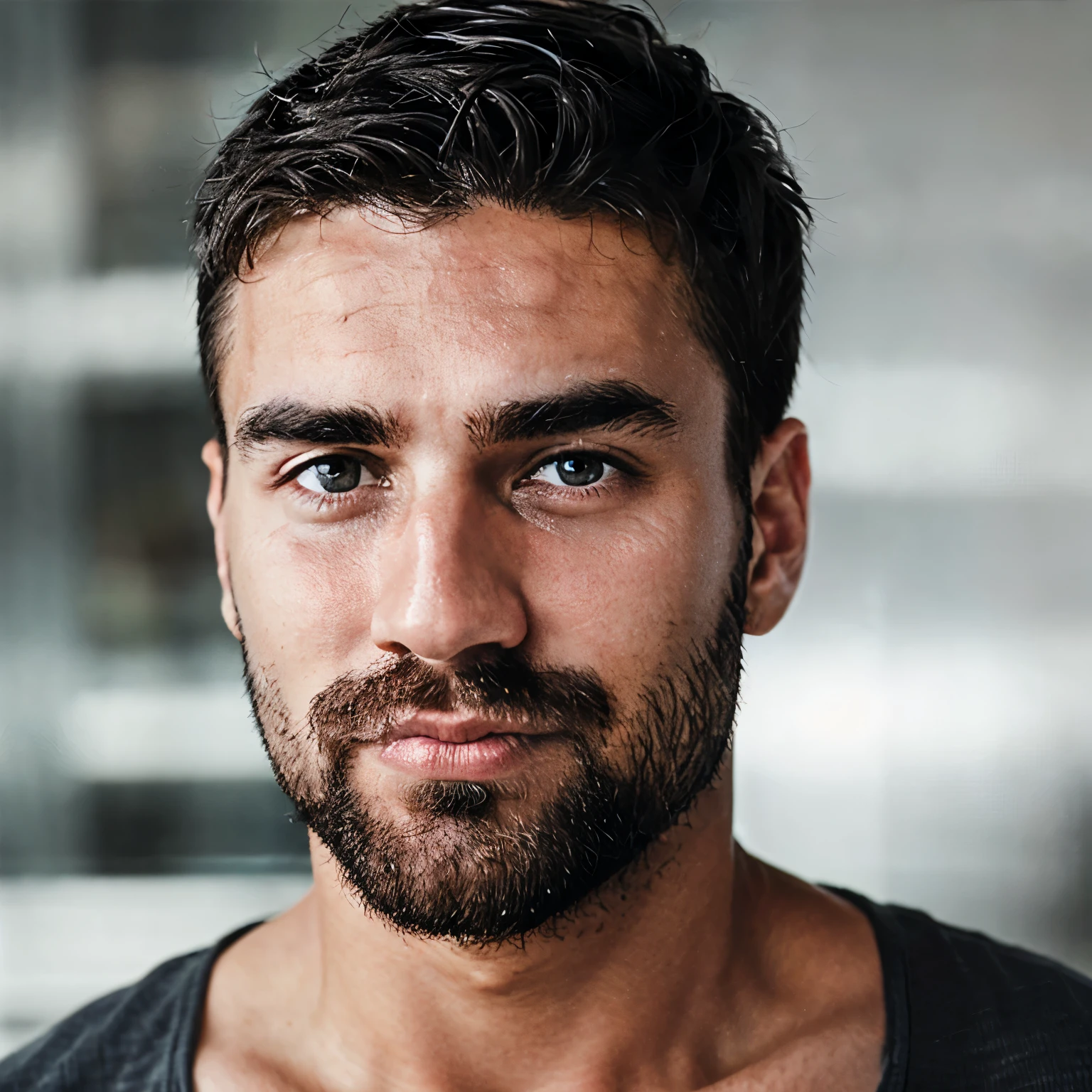 Create an ultra-realistic image of a man around 2, staring at the screen with an intense and thoughtful expression. The image should focus on facial details, including clear, bright eyes, a subtle smile, and well-defined facial features. The man has fair skin, short black hair, and a clean-shaven look. Every detail, from the texture of his skin to the light reflections in his eyes, should be crisp and lifelike. The background should be out of focus, enhancing the realism of his face and expression.