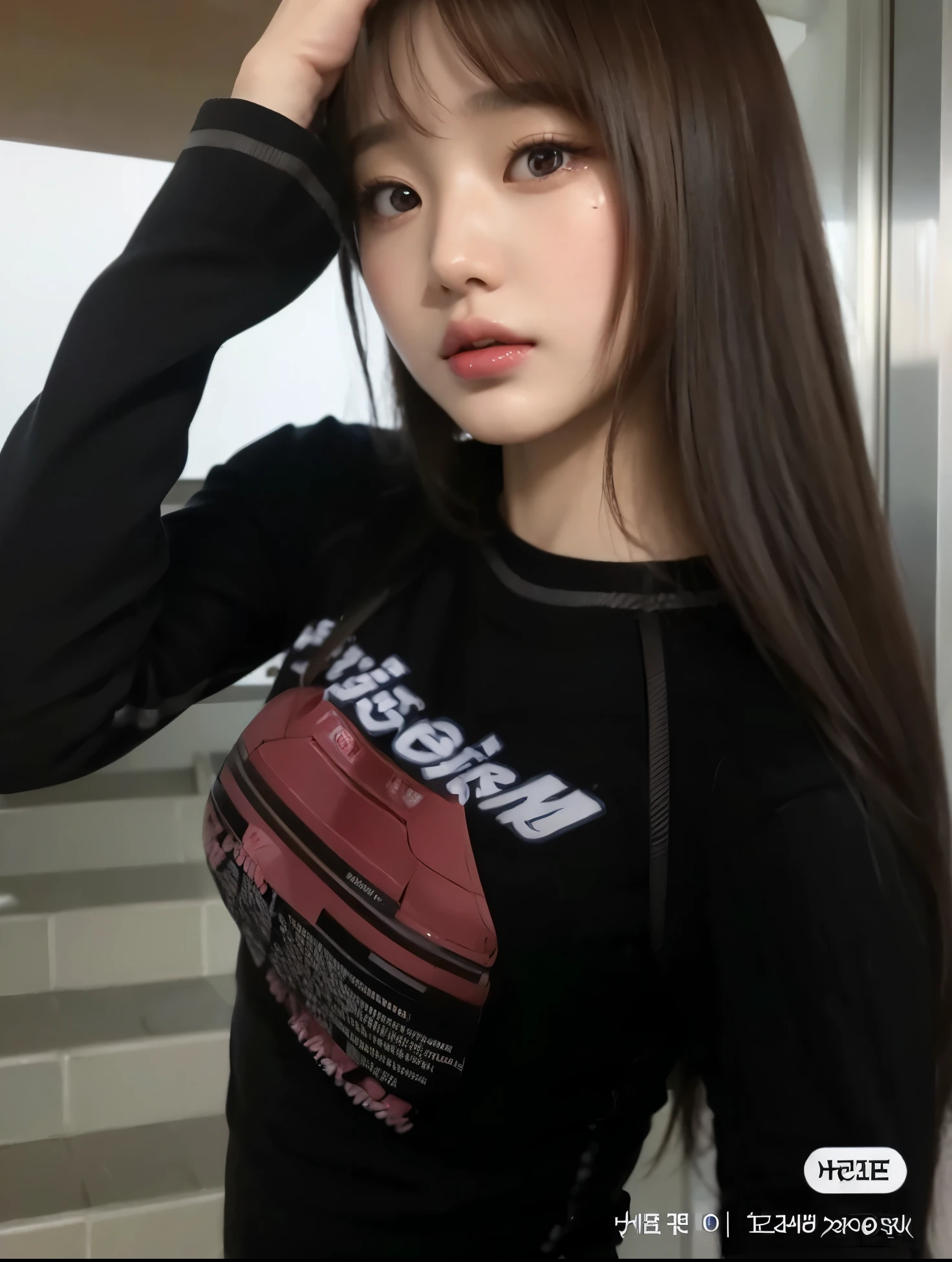 A close-up of a woman with long brown hair, Wonyoung de IVE, Portrait of Wonyoung from IVE, Wonyoung de IVE, Wonyoung de IVE, South Korean popular makeup, Wonyoung de IVE, Retrato Wonyoung IVE, Pastel pink skin tone, Wonyoung de IVE, popular korean makeup