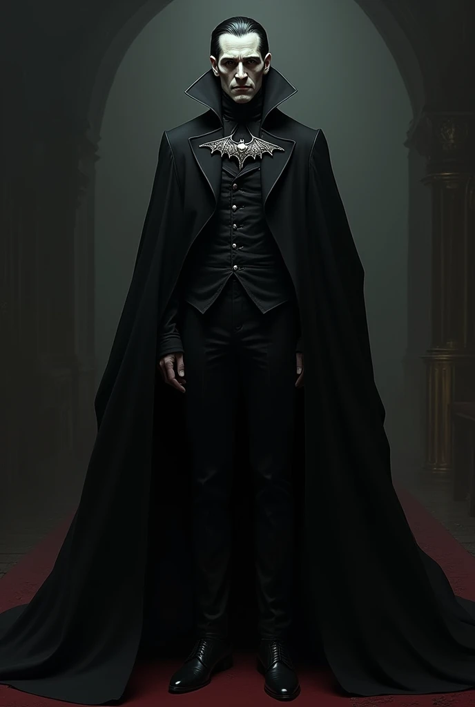 Dracula wearing Victorian style clothing with a long black cape attached by a bat-shaped brooch
