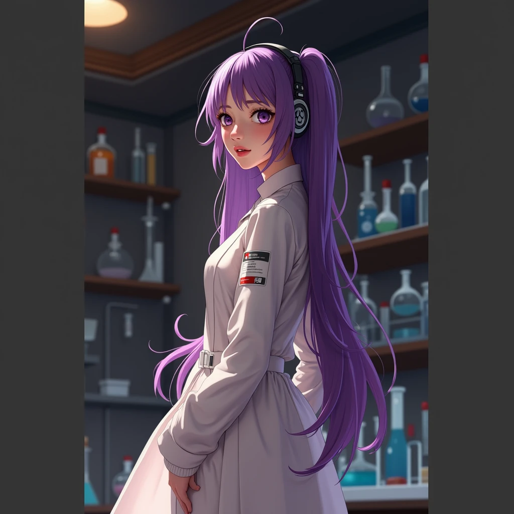 Korean purple hair butterfly woman with headset in laboratory with scared face and scientist outfit