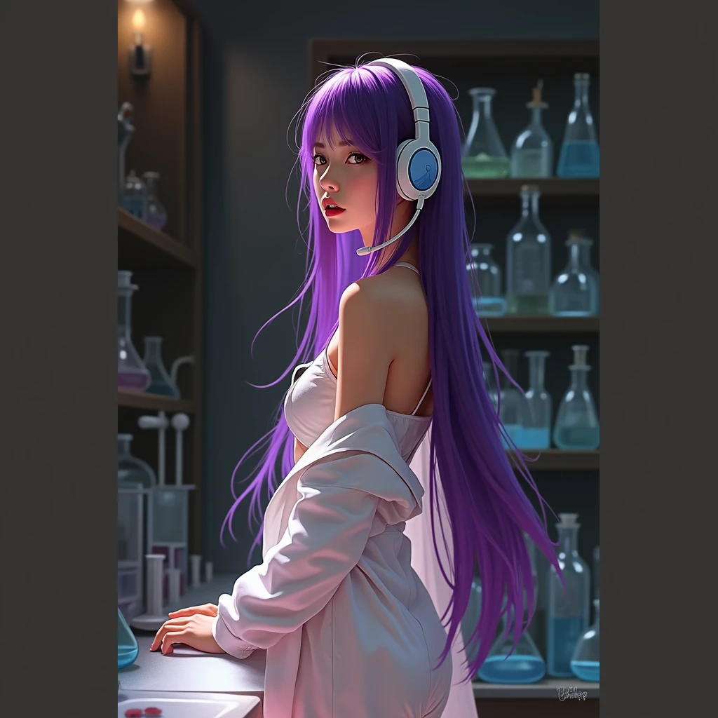 Korean purple hair butterfly woman with headset in laboratory with scared face and scientist outfit