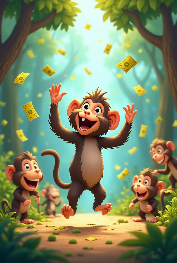 Little baboon dancing. Cartoon. Forrest. Many monkeys. Money rain