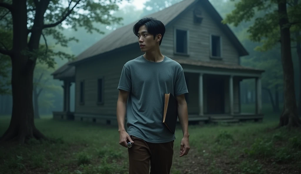 A handsome Korean man with a middle part hairstyle in black, wearing a gray short-sleeve shirt and brown pants, stands in front of an abandoned house in the forest, holding a flashlight in his left hand and a black book i