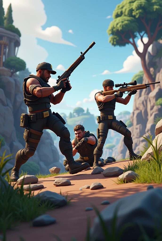 Generate image of a squad in fortnite one with a shotgun in hand, another with a sniper rifle, one fallen and another helping him