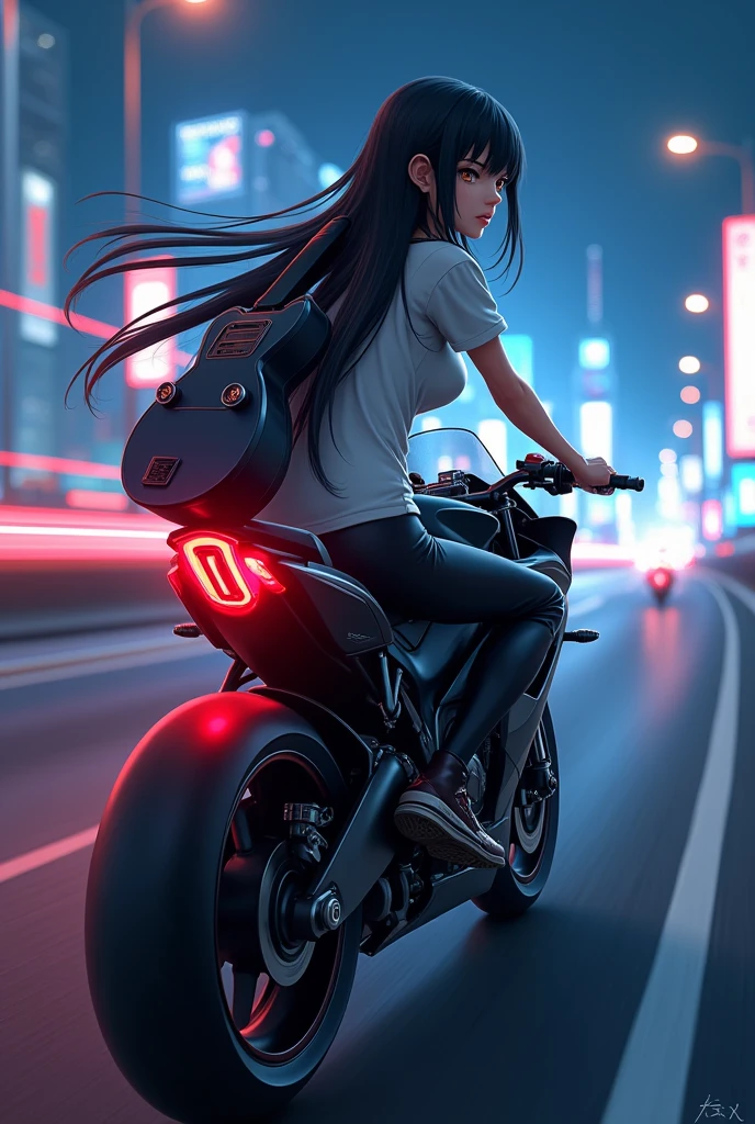 (anime:1.2), beautiful woman, riding a black sport bike, carrying a electric guitar on her back, wearing t-shirt, black pants, long straight black hair, high way, city lights background, light skin, light brown eyes, pointed nose, side post. 