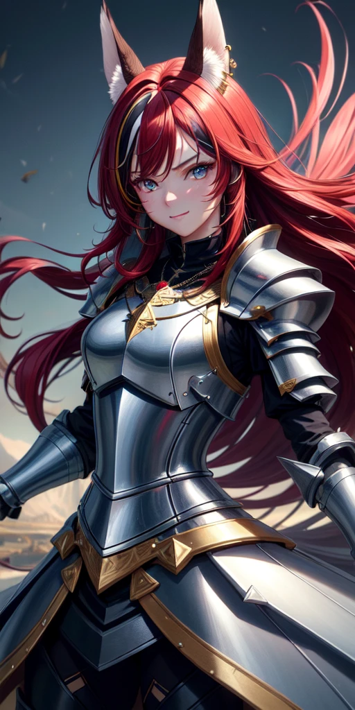 (masterpiece:1.5), (best quality:1.5), (ultra-detailed:1.5), sharp focus, ray tracing, vibrant eyes, detailed eyes, bright eyes, 1girl, long hair, wavy ends, hair over shoulder, glossy hair, silky hair, multicolored hair, streaked hair, red hair, jewelry, necklace, earrings, bracelet, light smile, hair ornament, holding spear, dynamic pose, action shot, striking pose, striking angle, armored breastplate, armored skirt, single mechanical arm, mechanical wings, INKxXmo Dark Theme, Animal Ears, Wolf Ears, Backlighting,