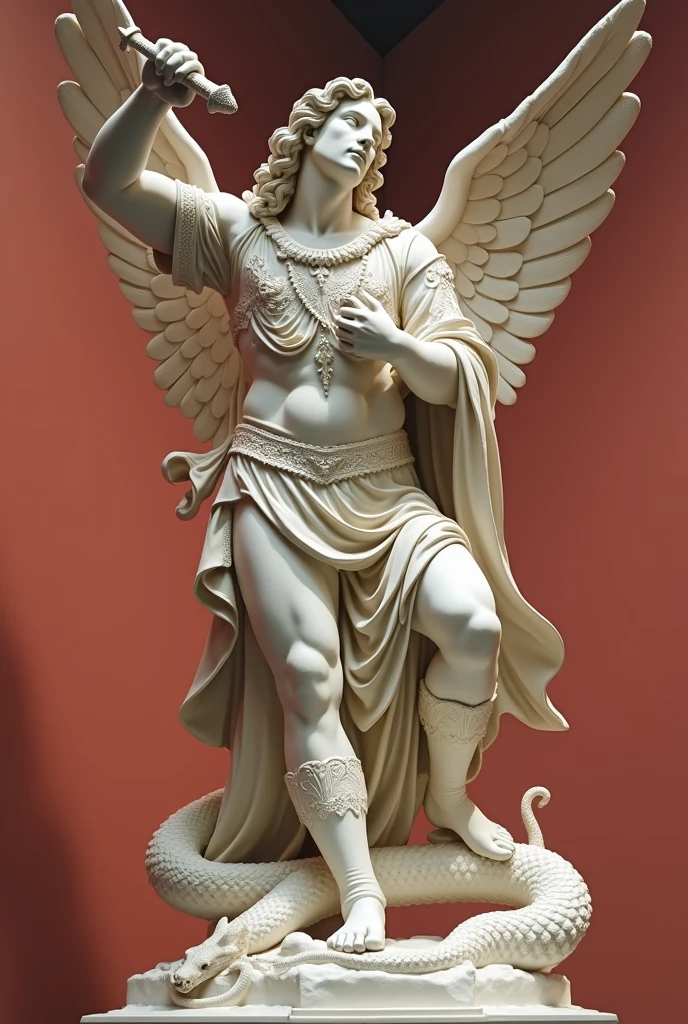 Claro, posso te ajudar com isso. Aqui está uma descrição detalhada da imagem de São Miguel Arcanjo em inglês, com foco em elementos visuais e simbólicos:
**A detailed description of the image in English:**
The image depicts Saint Michael the Archangel, a prominent figure in Christian art. He is portrayed as a warrior angel, standing tall and imposing against a rich red backdrop. The statue is carved from white marble, lending it a sense of purity and strength.
* **Pose and Stance:** Saint Michael stands with his left foot firmly planted on a defeated serpent, symbolizing his triumph over evil. His right leg is slightly bent, and he holds a sword aloft in his right hand. This pose conveys both power and authority.
* **Attire:** The Archangel is dressed in a classic armor, consisting of a breastplate, a short skirt, and greaves. His armor is adorned with intricate details, suggesting his divine status. Over the armor, he wears a flowing cloak, which adds a sense of movement and dynamism to the statue.
* **Facial Features:** Saint Michael's face is serene and determined, reflecting his role as a protector. His eyes are wide open, and his gaze is fixed on the defeated serpent. His hair is long and curly, often a characteristic feature of angelic depictions.
* **Wings:** The angel's wings are large and feathered, extending out from his back. They are often depicted as golden or white, symbolizing purity and divine power. In this particular image, the wings are detailed with intricate patterns, adding to the overall sense of grandeur.
* **Symbolism:** The serpent beneath Saint Michael's feet represents Satan, the embodiment of evil. By trampling on the serpent, the Archangel demonstrates his victory over sin and darkness. The sword he holds is a symbol of divine justice and his role as a warrior for God.
**Overall Impression:**
The statue of Saint Michael the Archangel is a powerful and evocative work of art. The artist has successfully captured the Archangel's streng