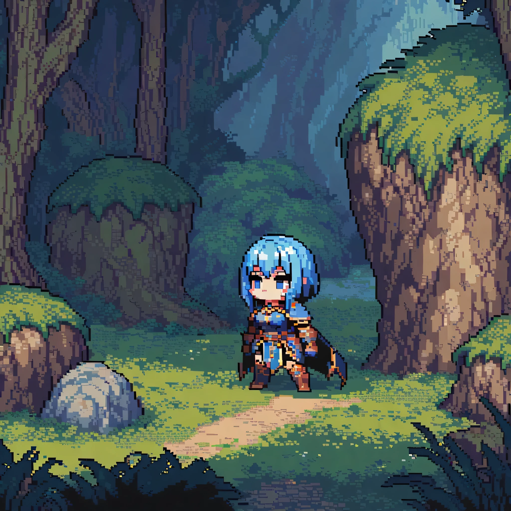 (masterpiece, Highest quality:1.2), Pixel art,land，,There is a mysterious cave in the forest,Blue haired female warrior,Short hair