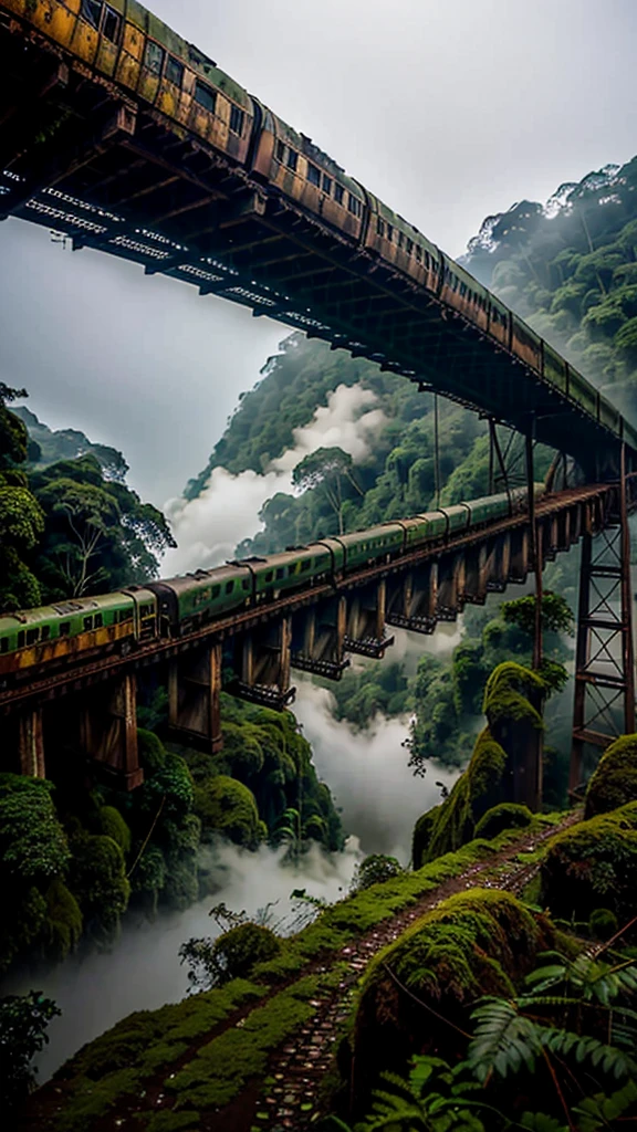 a rusty long train with a lion skull, in the amazon jungle, on the highest cliff, moss, fog, details, hyperrealistic, 16k