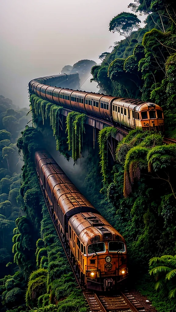 a rusty long train with a lion skull, in the amazon jungle, on the highest cliff, moss, fog, details, hyperrealistic, 16k