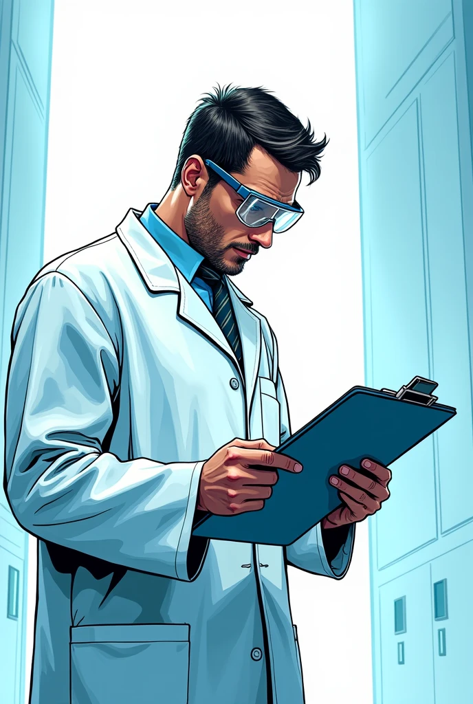 create a comic book drawing with blue tones and a white background of a scientist looking at a clipboard