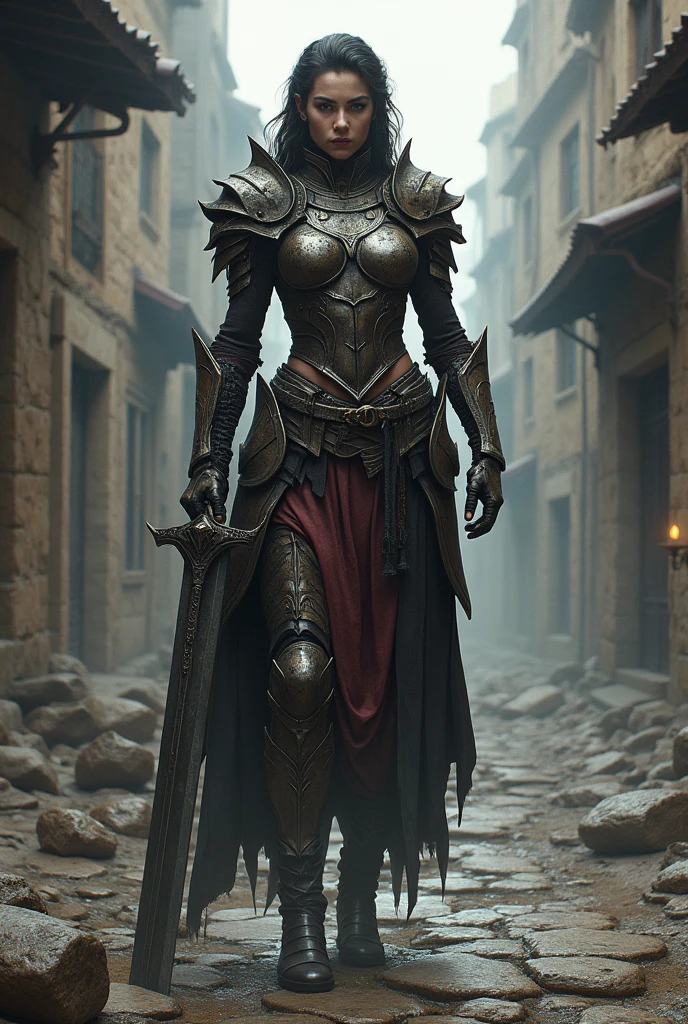 giant woman with battle sword in hand in a ancient street, low angle,Panty shot、Woman warrior、Leg spread