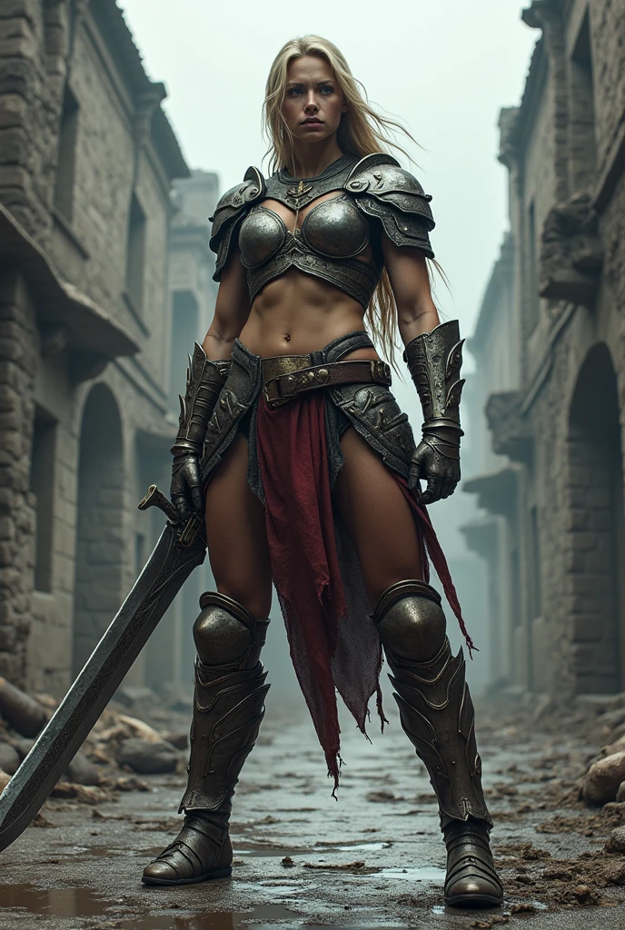giant woman with battle sword in hand in a ancient street, low angle,Panty shot、Woman warrior、Leg spread