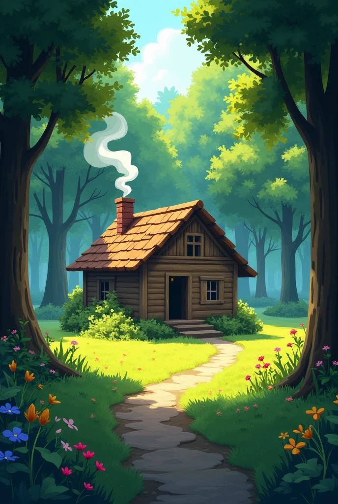 A scene of a simple house in the forest