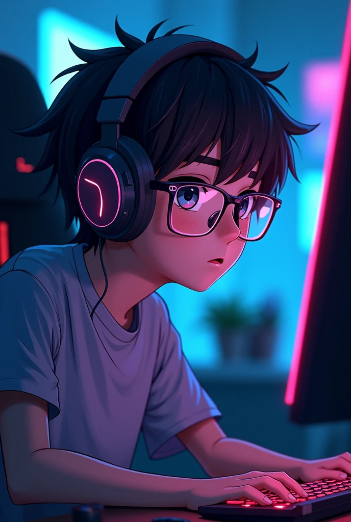  A gamer anime boy around 20 years playing online game on PC with headphones on wearing glasses and. A 
