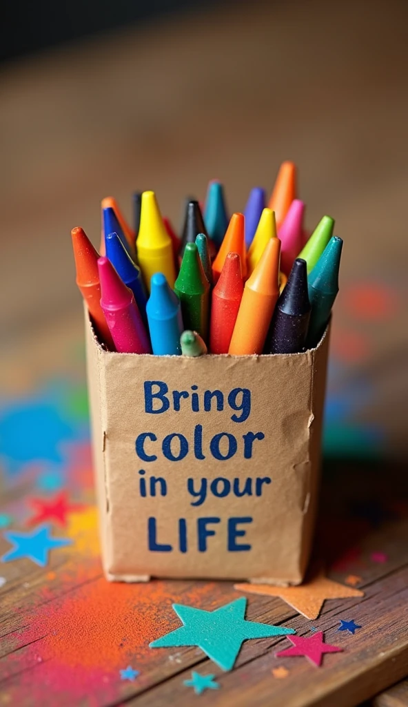 On a box of crayons it says "These crayons have the power to bring color to your life." on a wooden table.