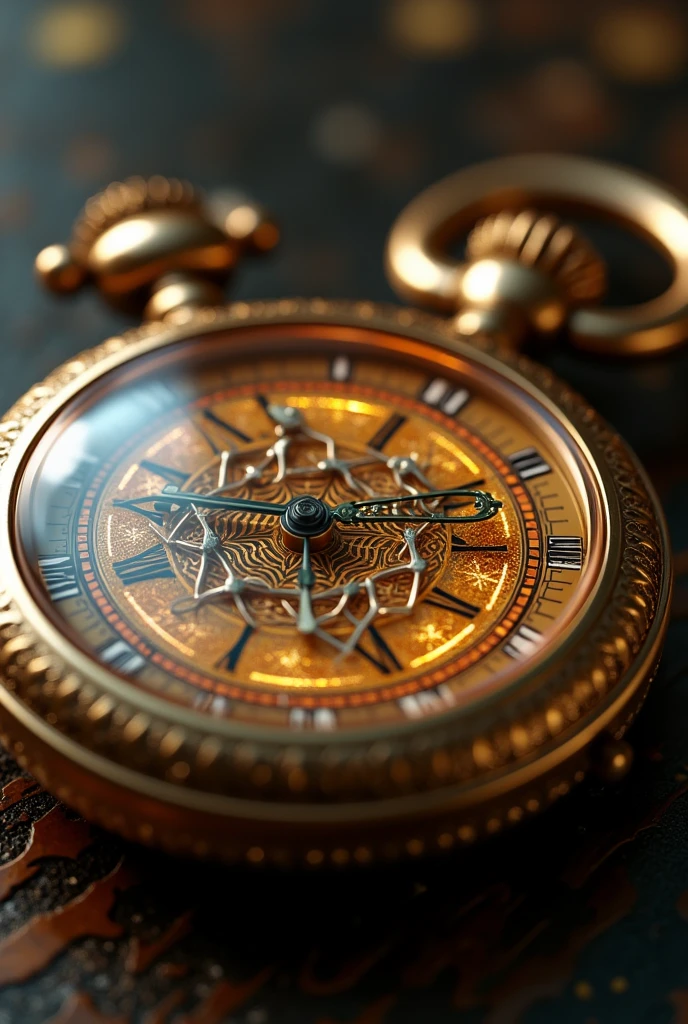 A detailed close-up of the pocket watch, with its golden surface shining in the light. The hands and numbers are elegant, with a subtle glow that suggests something magical. hyper realism 