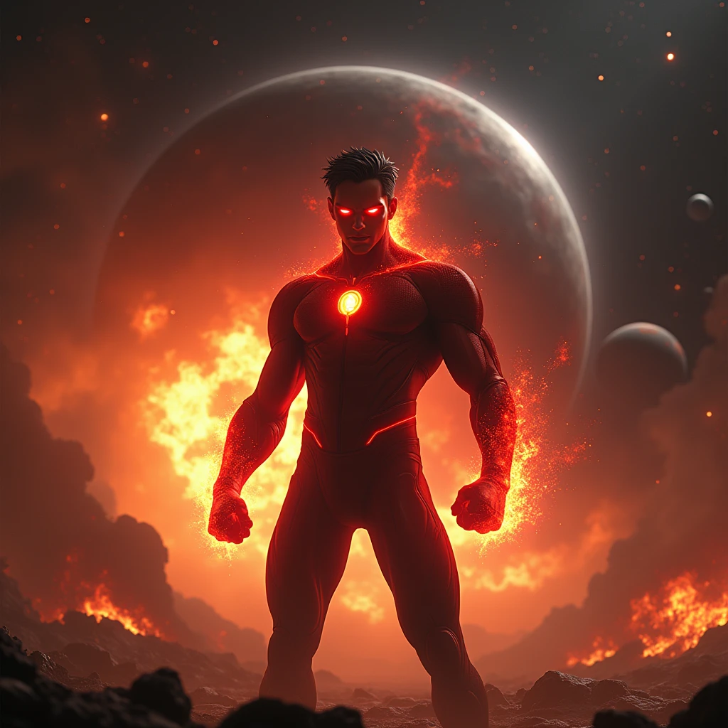 A tall, lean figure with short black hair and glowing red eyes, powered up with heat vision, is flying in the vastness of space. His eyes burn with intense red light, illuminating his stern, rage-filled face. He hovers menacingly in front of a massive, exploding planet in the background. His right hand is clenched into a tight fist, symbolizing his fury and power. The universe around him is filled with distant stars and cosmic debris, but all attention is drawn to the destruction unfolding behind him and the raw, intense emotion on his face.