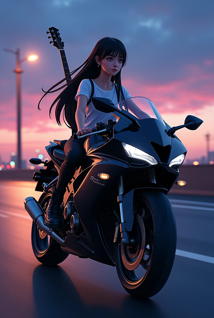 (anime:1.2), beautiful woman, riding a black sport bike, carrying a electric guitar on her back, wearing t-shirt, black pants, long straight black hair, high way, city lights background, light skin, light brown eyes, pointed nose, side post. 