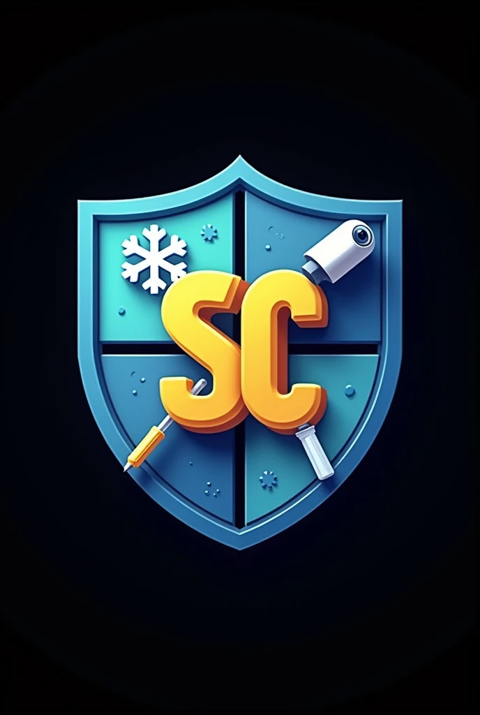 Science Club Logo, shield, with snowflake, a screwdriver, Security camera, and a scientific lamp divided into four boxes with blue backgrounds, Unripe, yellow 3d logo, black backdrop, Clear and cute logo