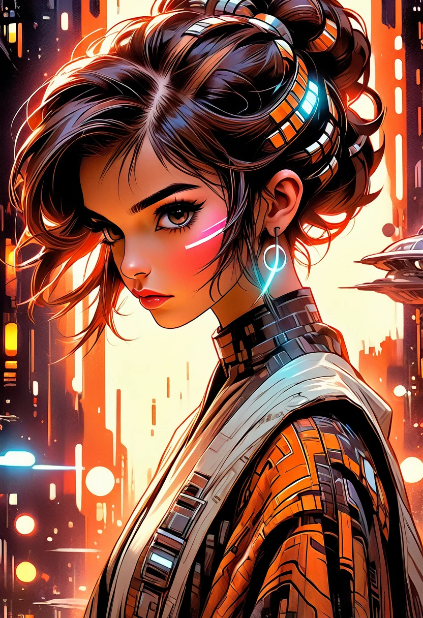 fluorescent horizon, digital brush strokes, ufo-style studio shading from above,
Shadow art, digital illustration, comic style, realistic shadows, depth of field, bokeh,
1 girl, adult () woman, amber eyes, dark brown wedge cut hair,
solo, from front, front view, (full body:0.6), (closed eyes:1.1), detailed background, detailed face, semi-realistic anime-style young near-human males and females from Coruscant in Star Wars, dressed in trendy futuristic sci-fi otherworldly high-society event attire with a detailed and defined exotic Coruscant skyline background, featuring hairstyles matching Coruscant fashion trends, in a photorealistic look, with futuristic accessories