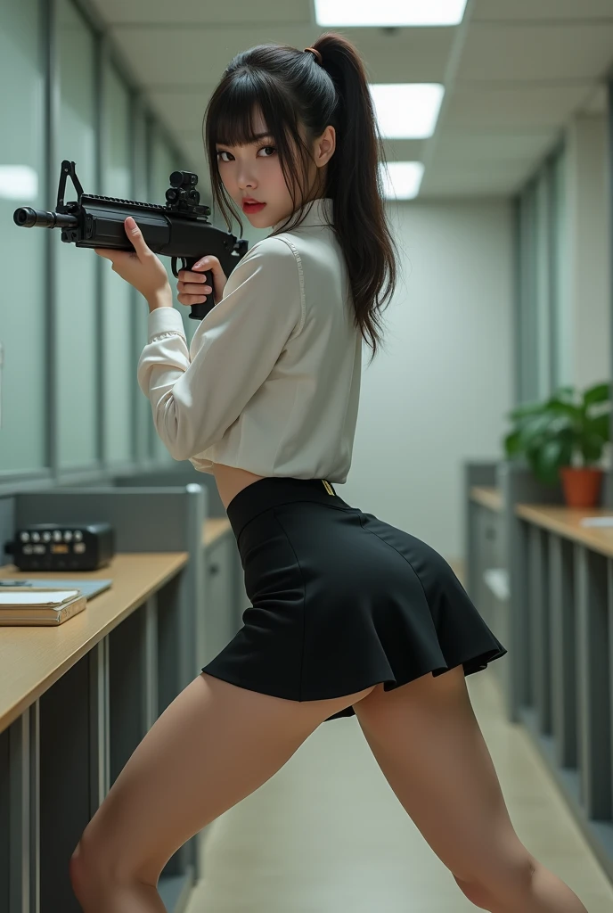 camera back view facing real person eyes open realistic beautiful japanese office lady in mini skirt stance legs open spreading arms straighten full portrait holding rifle gun back view facing sexy legs aiming target