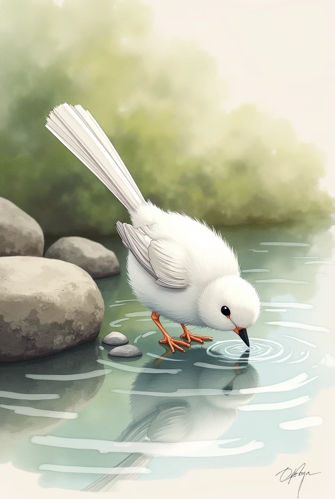 (watercolor), white fluffy shima-enaga ( long tailed tit) drinking water, riverbed