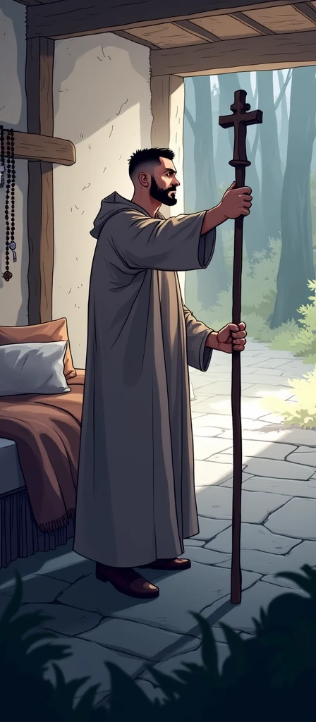 A short white man with short hair, black military style cut and shaved. He is wearing a light brown monastic habit and holding a staff in his hands.. Rustic hermitage in the middle of the woods. He is young and has a goatee. He is inside the hermitage and his bed with a biblical rosary and a cross on the wall. it's night. Illuminated scene