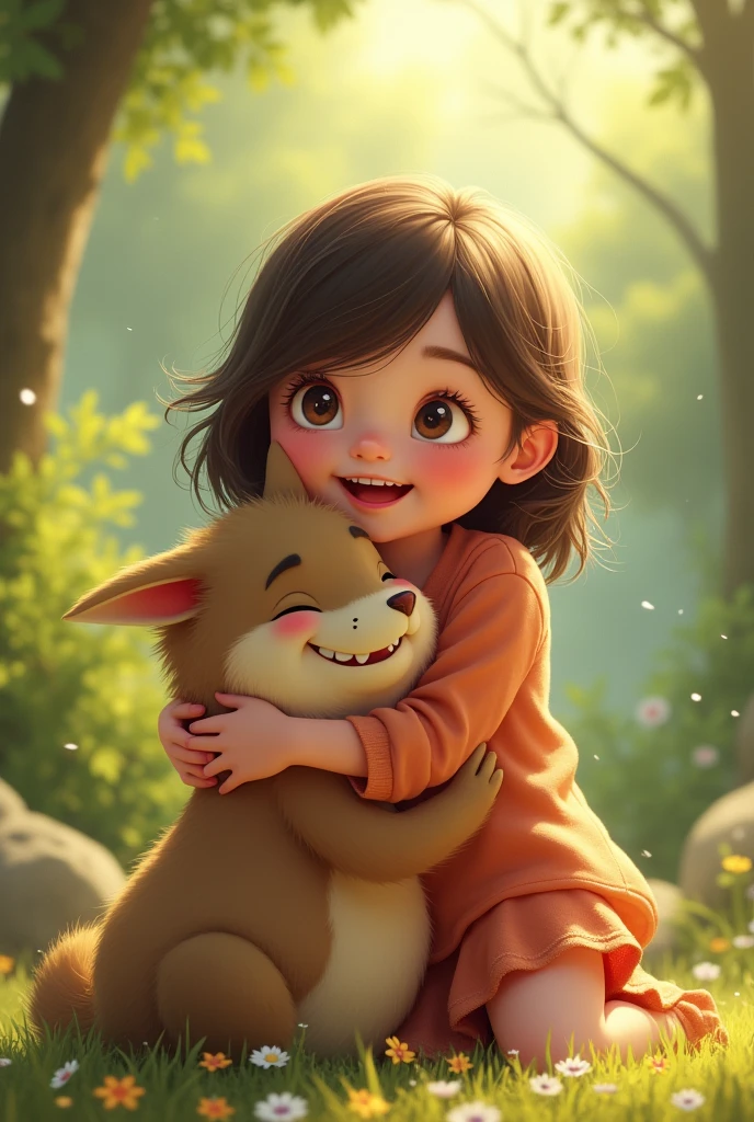 A girl happily hugging a  