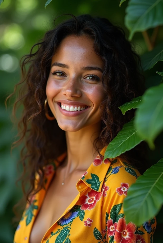 A Brazilian woman in a lush tropical garden, wearing an open shirt with a floral print, with a close-up capturing the harmonious beauty between her breasts and the natural flowers, showing off your natural charm and outgoing personality.