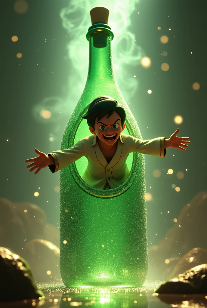 Magical Aladdin flies out of the hole of a big green bottle, the bottle sparkles,the air is hovering , Aladdin grimaces and laughs,in the style of science fiction, a high resolution,3D