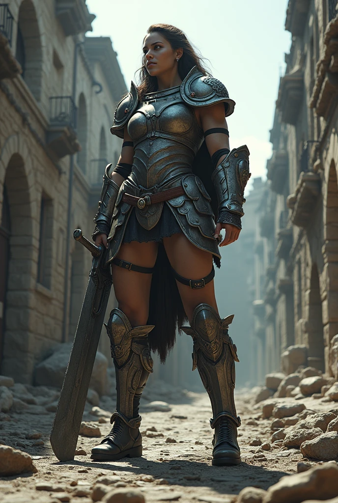 giant woman with battle sword in hand in a ancient street, low angle,Panty shot、Woman warrior、Leg spread