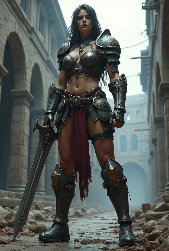 giant woman with battle sword in hand in a ancient street, low angle,Panty shot、Woman warrior、Leg spread