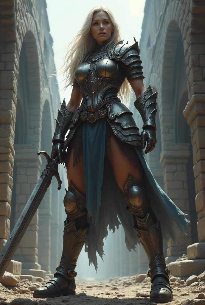 giant woman with battle sword in hand in a ancient street, low angle,Panty shot、Woman warrior、Leg spread