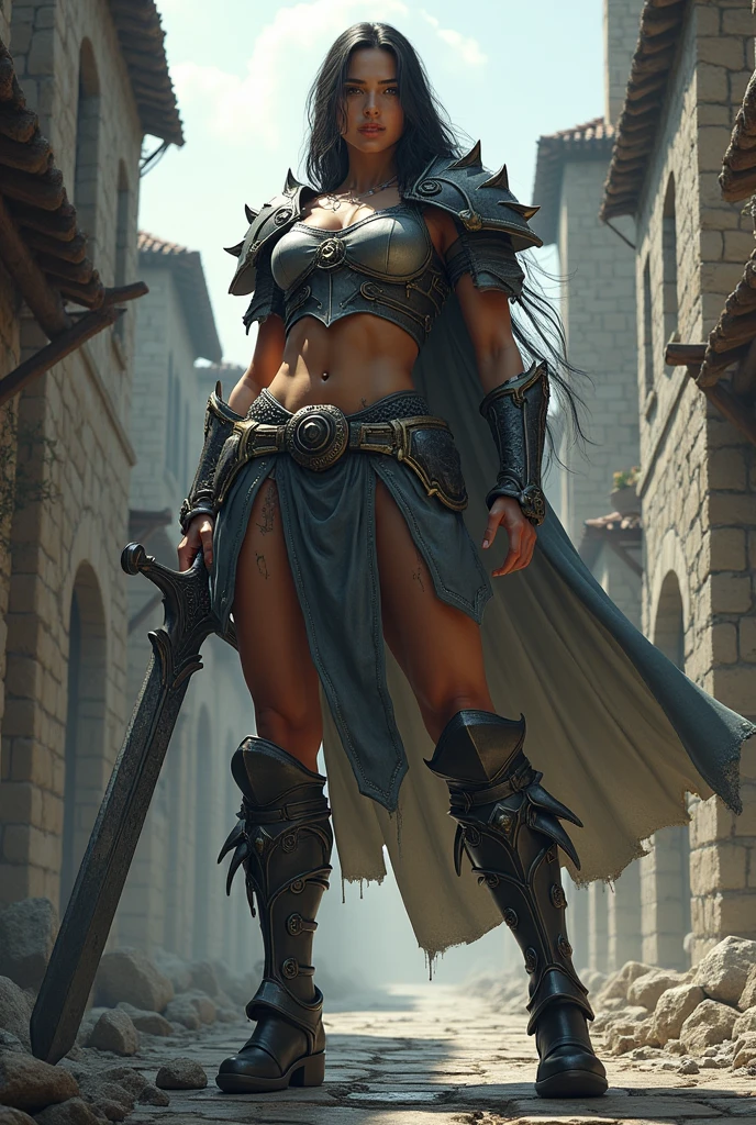 giant woman with battle sword in hand in a ancient street, low angle,Panty shot、Woman warrior、Leg spread