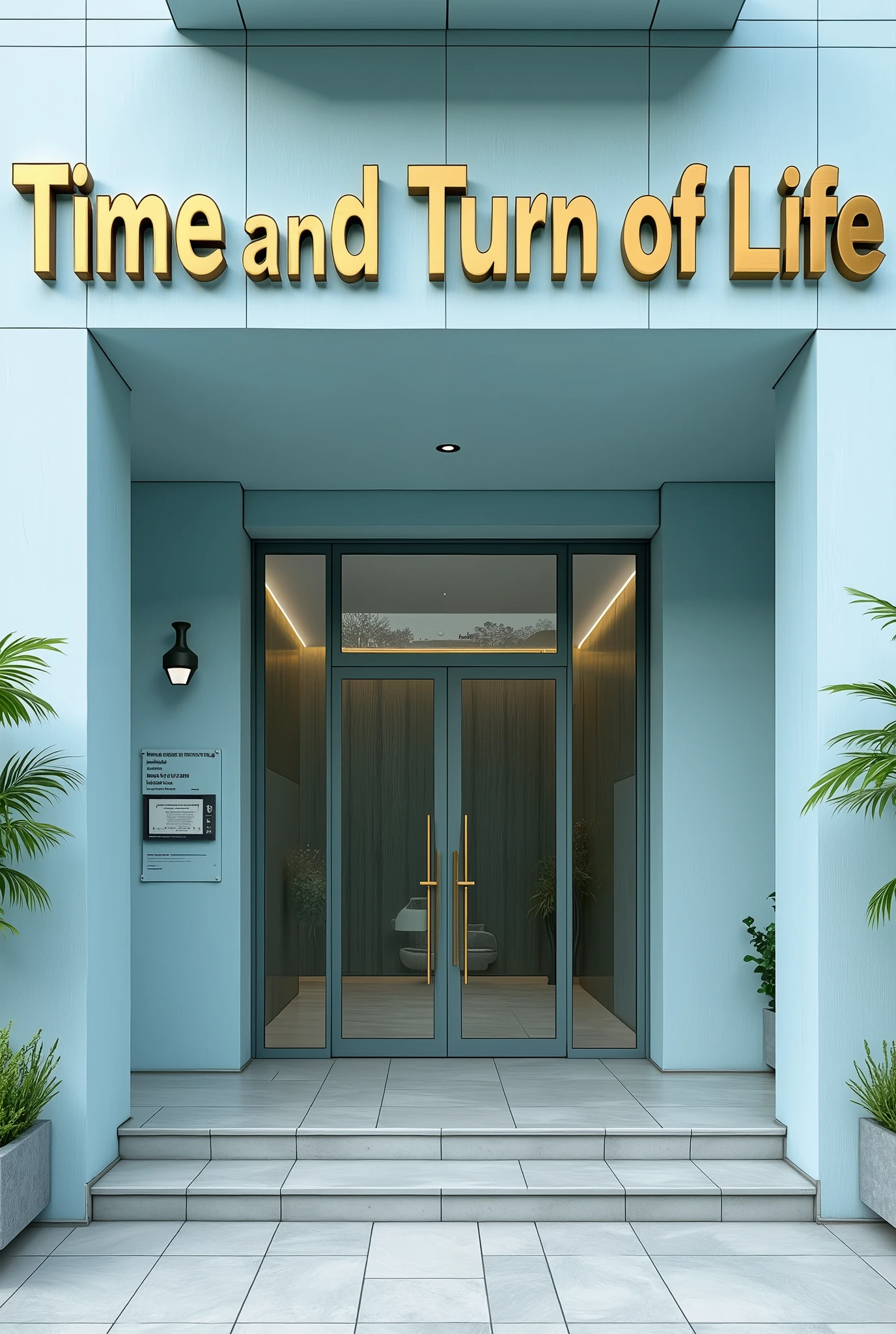 It's a beautiful place, well designed, a mansion with a light blue color, and large tiles imitating wood, in the background, near the entrance door, which is made of glass, the wall is
everything white. On the facade it is written: 'Time and Turn of Life' in very large letters in gold. Smaller letters on a glass, also on the facade, in the left corner, written: 'Support for people with symptoms of deep sadness and who feel lonely'. On the wall of the mansion, the Instagram symbol and the location's email address. Under the name of the place, in slightly smaller letters, also written in gold: “Take care of your mental health, because life is a miracle, let's cultivate it”, signed: Family Rock!
