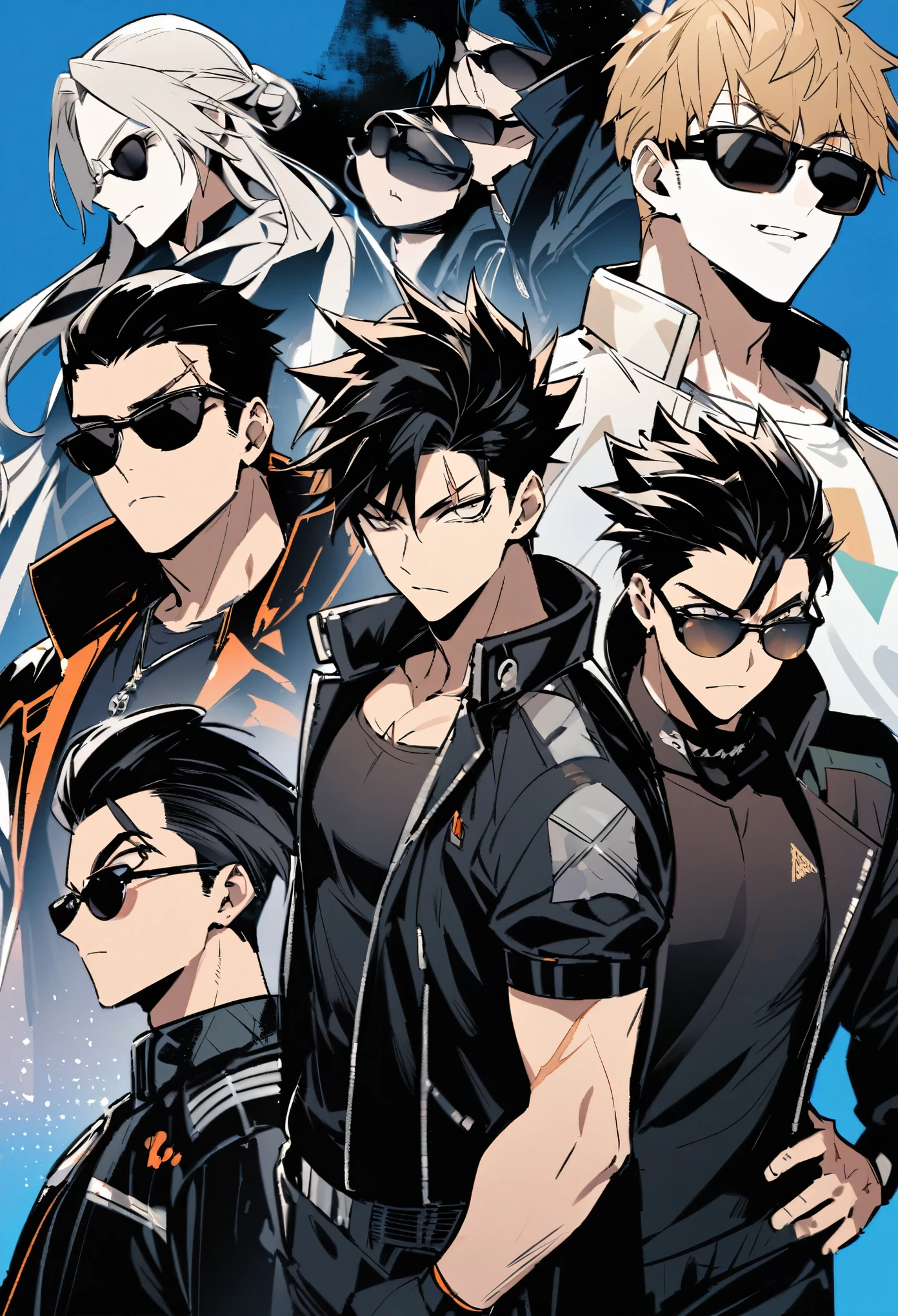 「Male Characters。With black pompadour hairstyle、I'm wearing sunglasses。There is a scar on the left eyebrow。Wearing a double rider jacket。There is only one character、In the image above from the chest、He has a cool, confident look。」
