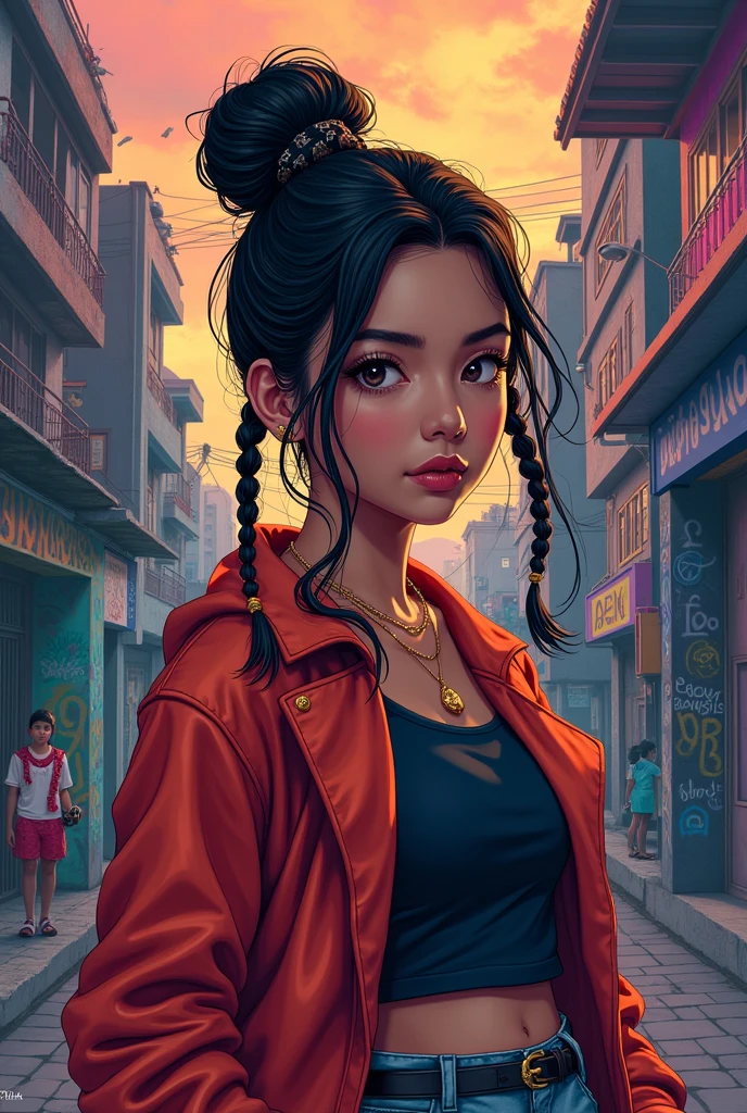fund:The cover must have a vibrant background that evokes the atmosphere of the Rio de Janeiro favela, with a mix of colorful graffiti and urban landscapes at dusk. This represents the dynamic and multifaceted setting of the story..
main character:In the center of the cover, featured Korean Jin-Soo with slanted eyes, with her hair long and tied in a bun or braids, wearing a modern and stylish outfit that matches the aesthetics of funk dance. He must have a confident and resilient expression, reflecting on your journey of overcoming.