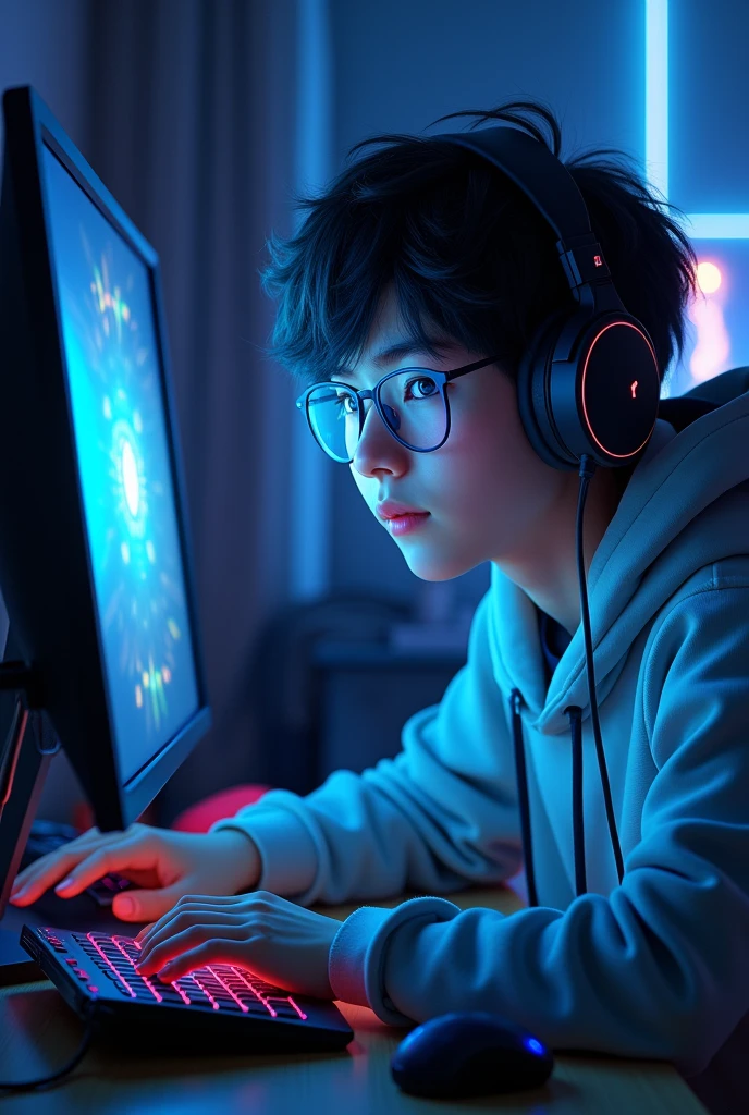  A gamer anime boy around 20 years playing online game on PC with headphones on wearing glasses and.  A bit older 