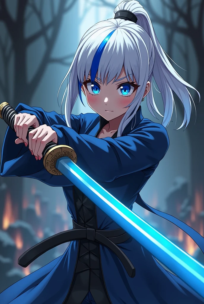 adult woman, Demon Slayer style anime, katana with blue handle, white hair with blue tips, blue colored eyes, and demon hunter uniform from the anime demon slayer