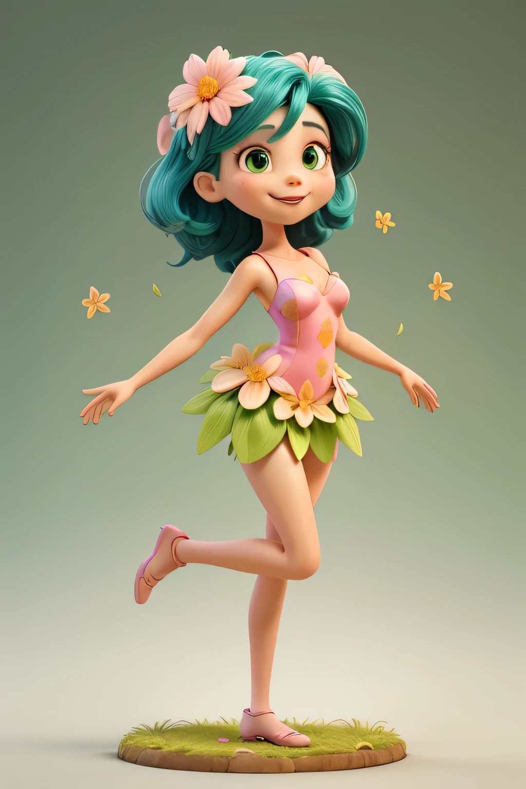 Chica de 20 años, cuerpo voluminoso, Flower with a human form, large colorful petals forming the hair, delicate feminine face with a joyful expression, slender body with a stem-like texture, thin arms and legs resembling leaves, dress made of green and pink petals, on a simple and bright background, in a pose that suggests the start of a dance