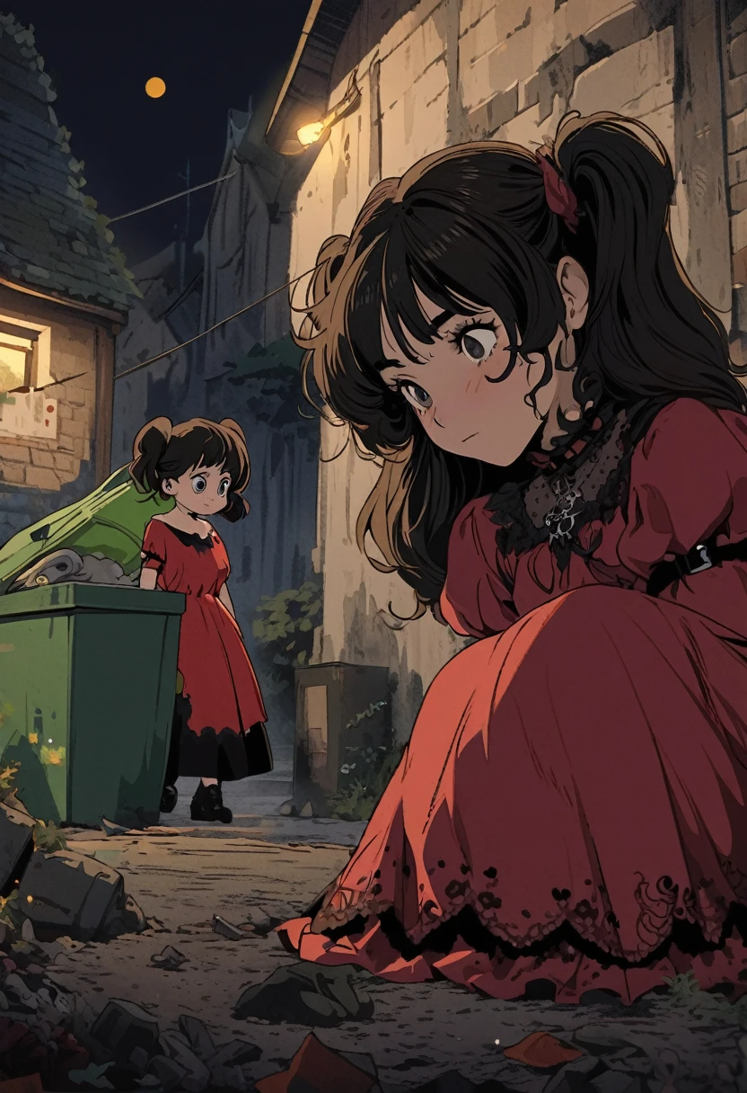 2 womans, insulting eachother, near a garbage collector, night, black short messy hair, black blonde pigtails hair, goth dress, red dress, Color Ghibli, Digital art, Gothic art, necessary, detail, Very detailed, High resolution,