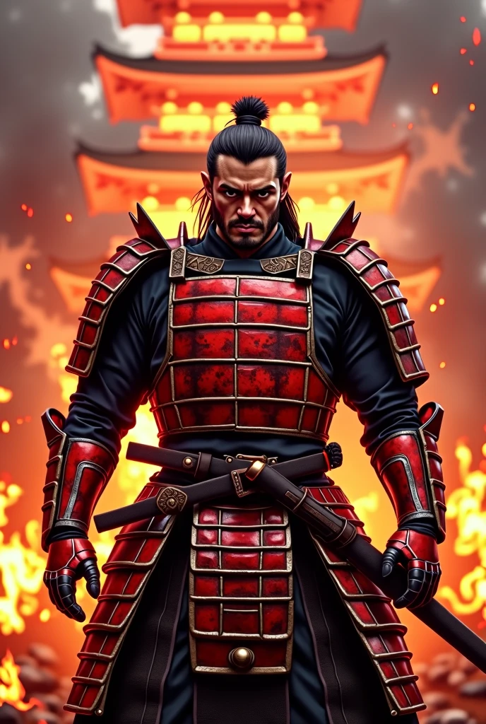 Create a realistic image, of a samurai in a red suit with an aggressive character in a temple in the background engulfed in flames