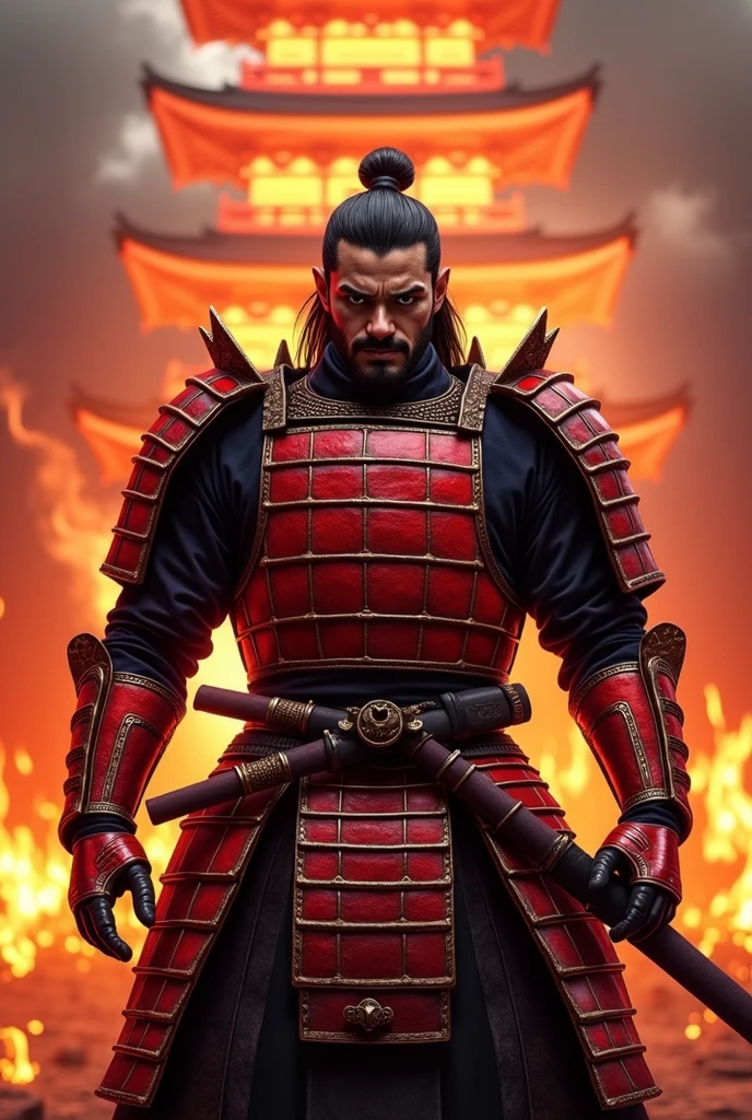Create a realistic image, of a samurai in a red suit with an aggressive character in a temple in the background engulfed in flames