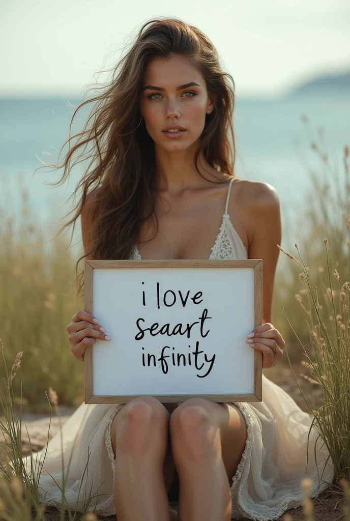 Beautiful girl nude with wavy long hair, bohemian dress, holding a white board with text "I Love Seaart Infinity" and showing it to the viewer legs open