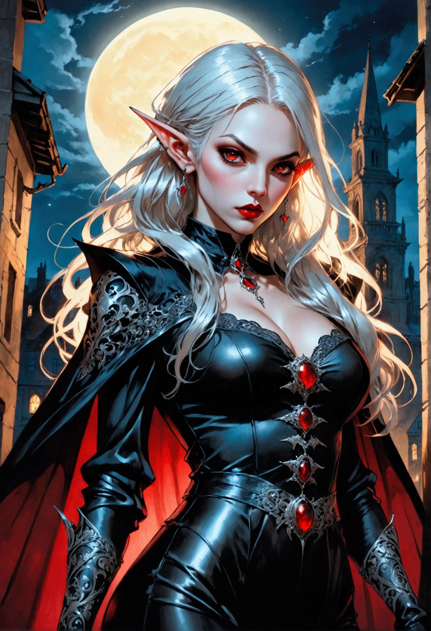 anime comic illustration fantasy art, gothic art, portrait of a female vampire elf, casting dark spell, with a long curvy hair, light color hair, red eyes, busty, Ultra Detailed Face, small pointed ears, blue cloak,  flowing cloak, wearing an intricate black leather dress,  high heeled boots, fantasy urban background, fantasy, at night light, natural ,moon light, clouds, gothic atmosphere, soft light, dynamic light,  high details, best quality, 32k, [ultra detailed], masterpiece, best quality, (extremely detailed), dynamic angle, oil pastel