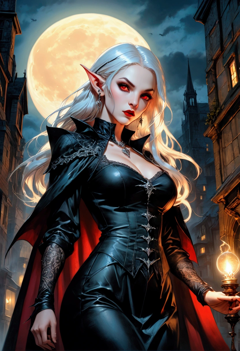 anime comic illustration fantasy art, gothic art, portrait of a female vampire elf, casting dark spell, with a long curvy hair, light color hair, red eyes, busty, Ultra Detailed Face, small pointed ears, blue cloak,  flowing cloak, wearing an intricate black leather dress,  high heeled boots, fantasy urban background, fantasy, at night light, natural ,moon light, clouds, gothic atmosphere, soft light, dynamic light,  high details, best quality, 32k, [ultra detailed], masterpiece, best quality, (extremely detailed), dynamic angle, oil pastel