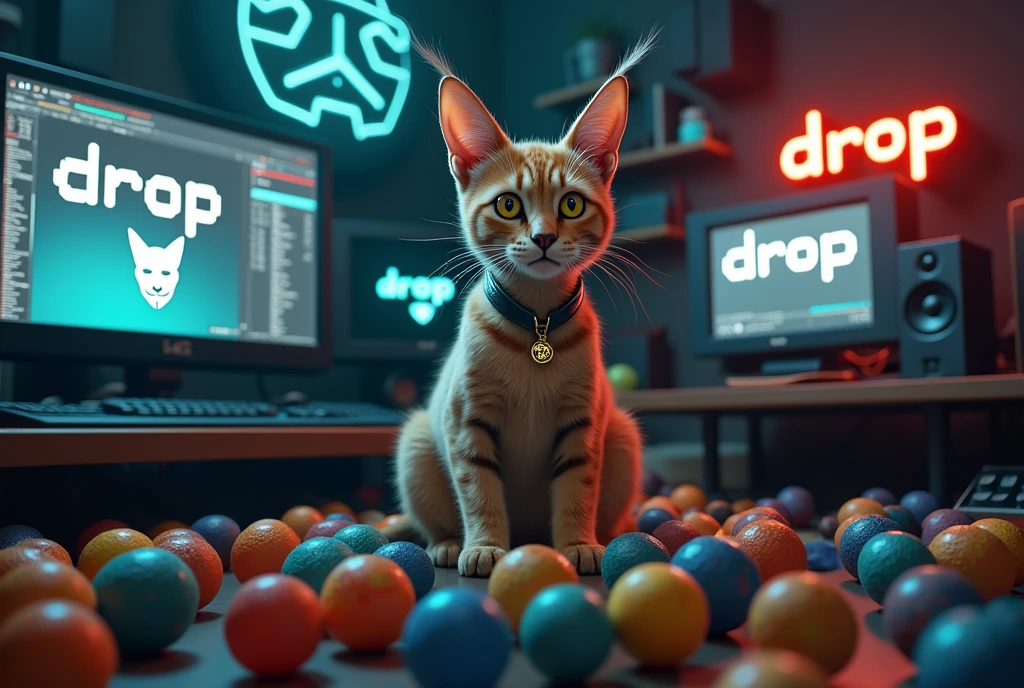 (very realistic male cat, serval cat, long hair at the tip of his ears, piercing yellow brown eyes), (((looks real))), sat among a lot of different sizes of plastic cat balls, in a room full of computers and computer parts, screens and keyboards, box of used keyboards, it is written " DROP " in pixel onto some screens , there's a pirate jolly roger with the anonymous "guy fawkes"'s mask instead of the skull on some other screens, there's a glowing neon on the wall that spells " D R O P " , cat has " DROP " written on a small golden plate attached to his collar, place looks cozy, there's a plastic anonymous mask among the plastic cat balls, there's realistic cat ball all over the place